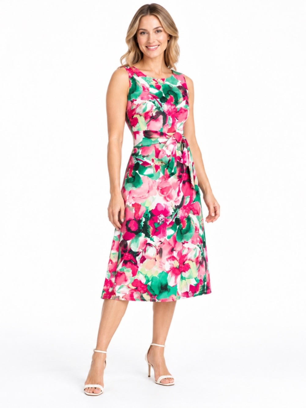 Kasper - Watercolor Floral Sleeveless Belted Midi Dress